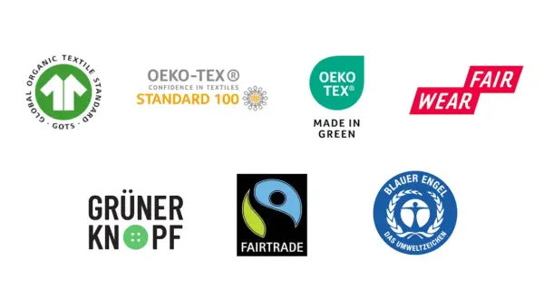 Siegel für nachhaltige siegel textilien: GOTS, OEKO-TEX, Fairtrade, Grüner Knopf, Blauer Engel, Fair Wear.