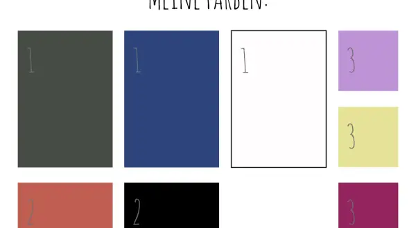 Farbpalette für eine capsule wardrobe: Dunkelgrau, Blau, Koralle, Schwarz, Lila, Gelb und Bordeauxrot.