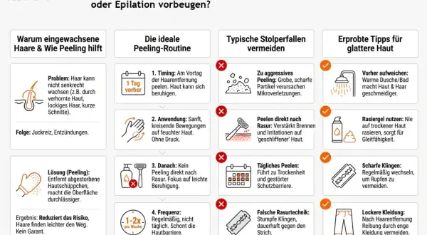 Tipps gegen eingewachsene Haare: Peeling vor der Haarentfernung, sanfte Anwendung & passende Rasurtechnik.