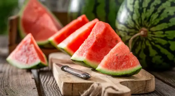 Saftige Wassermelonenstücke auf einem Holzbrett, daneben ganze Früchte. Die Wassermelone ist ein Sommergenuss, ihre Haltbarkeit ist bei richtiger Lagerung gut.