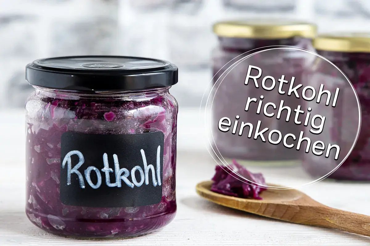 Gläser mit Rotkohl, bereit zum Rotkohl einkochen. Ein Löffel mit Rotkohl liegt daneben.