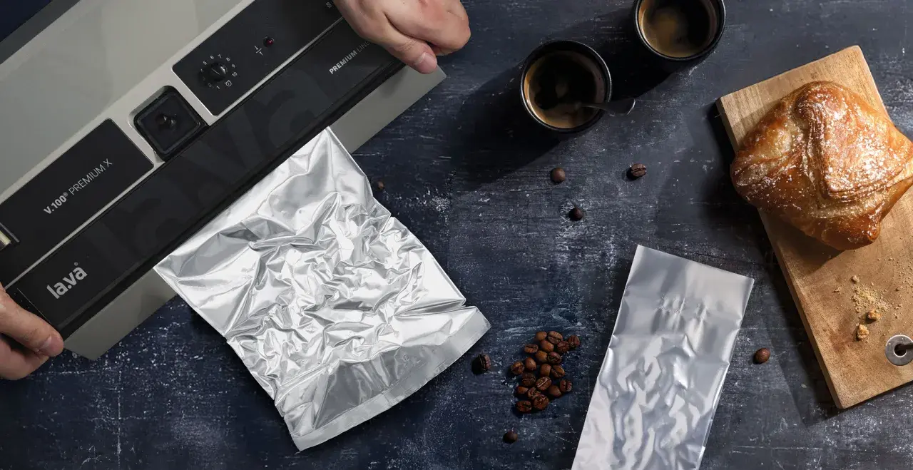 Kaffee frisch halten: Wie lange ist vakuumverpackter Kaffee haltbar? Hier wird er mit einem Lava V.100® Premium X versiegelt.