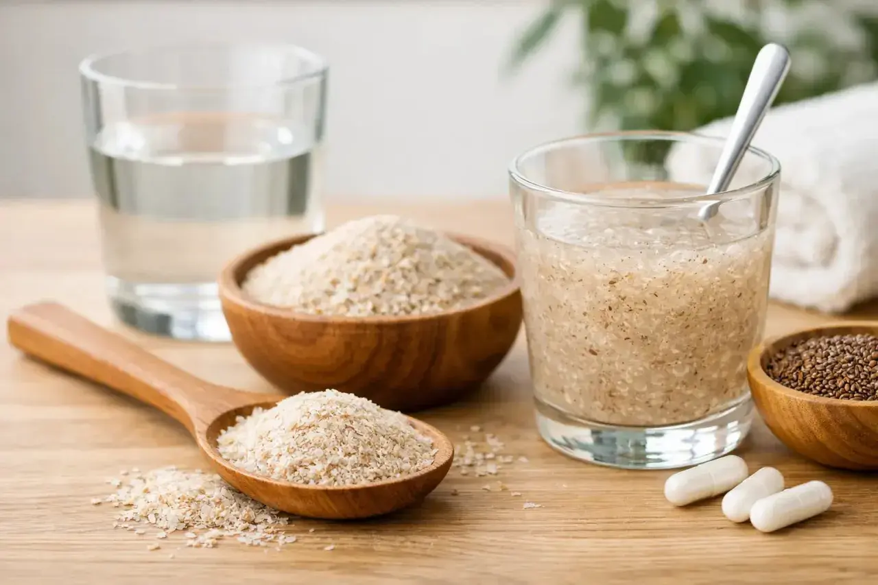 Flohsamenschalen zubereitung: Schale mit Flohsamenschalen, Löffel, Glas mit Wasser und Flohsamenschalen-Mix, Schale mit Leinsamen und Kapseln.