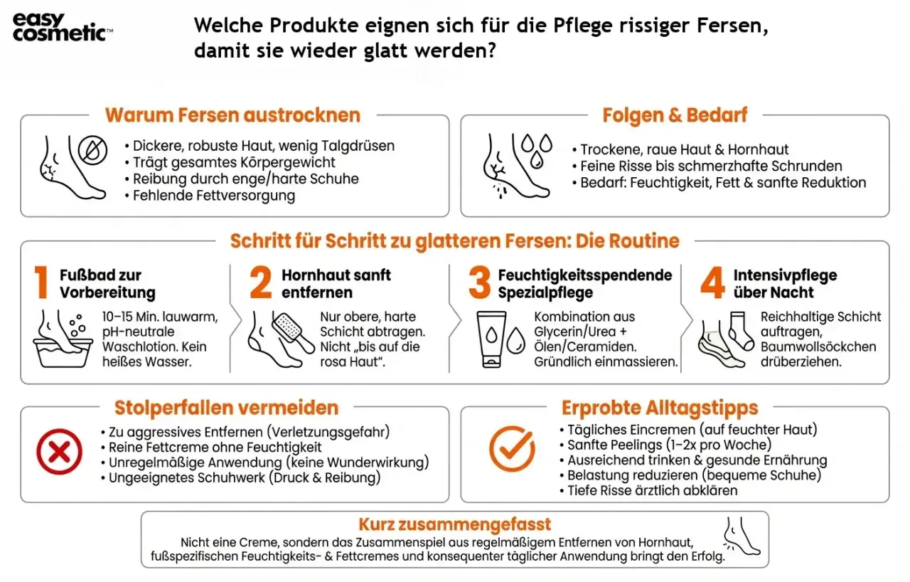 Schritte zur Pflege rissiger Fersen: Fußbad, Hornhautentfernung, Feuchtigkeitspflege und Intensivpflege über Nacht. Vermeide aggressive Methoden und wähle passende Schuhe.