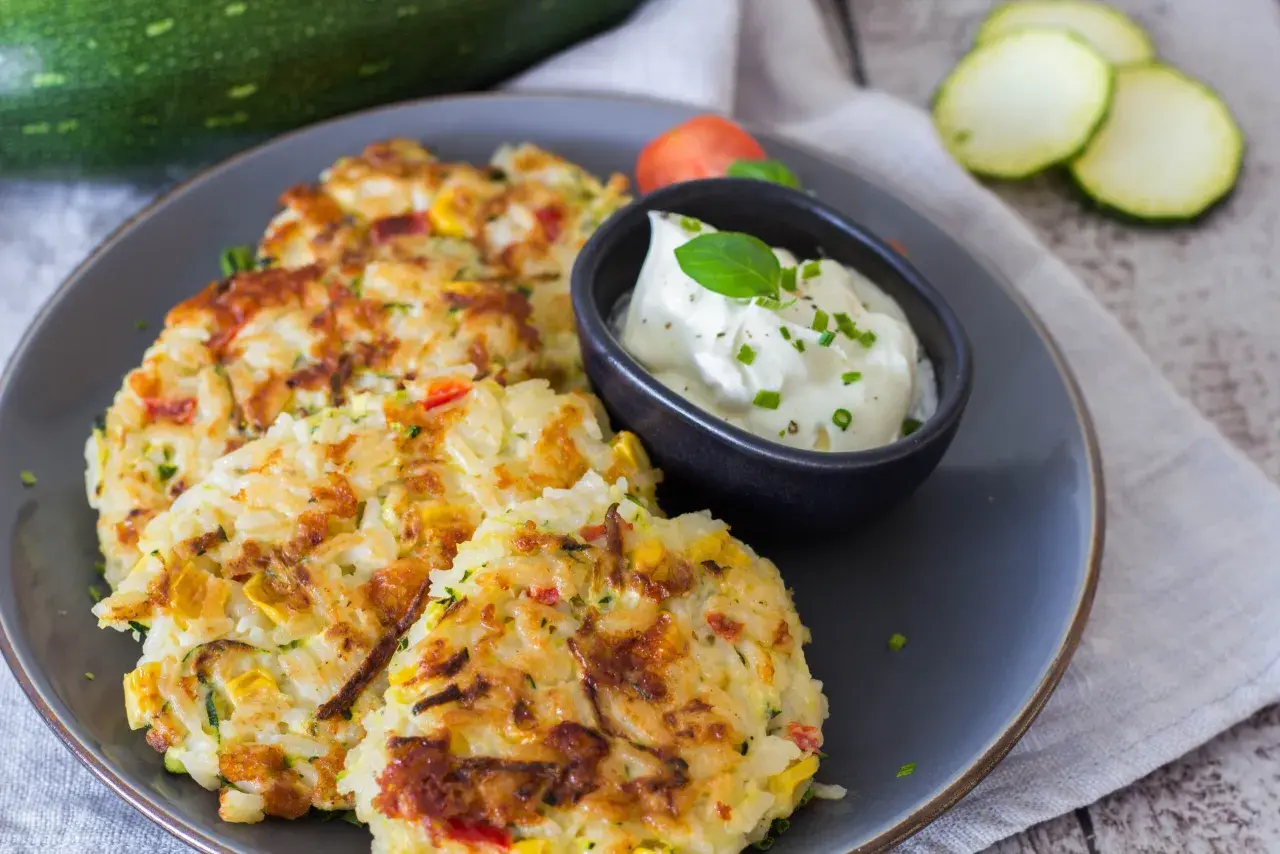 Herzhafte Reispuffer mit Zucchini und Paprika, perfekt, um Reis zu verwerten. Dazu ein Dip mit Kräutern.