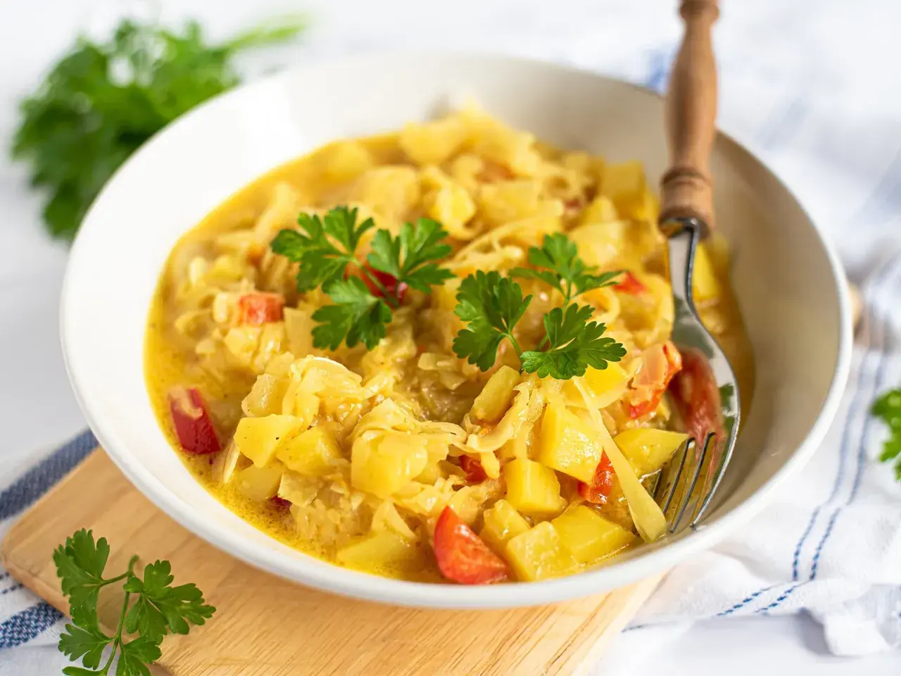 Herzhaftes Gericht mit Kartoffeln und Kohl, garniert mit Petersilie. Eine köstliche Currykraut-Verwendung für eine wärmende Mahlzeit.