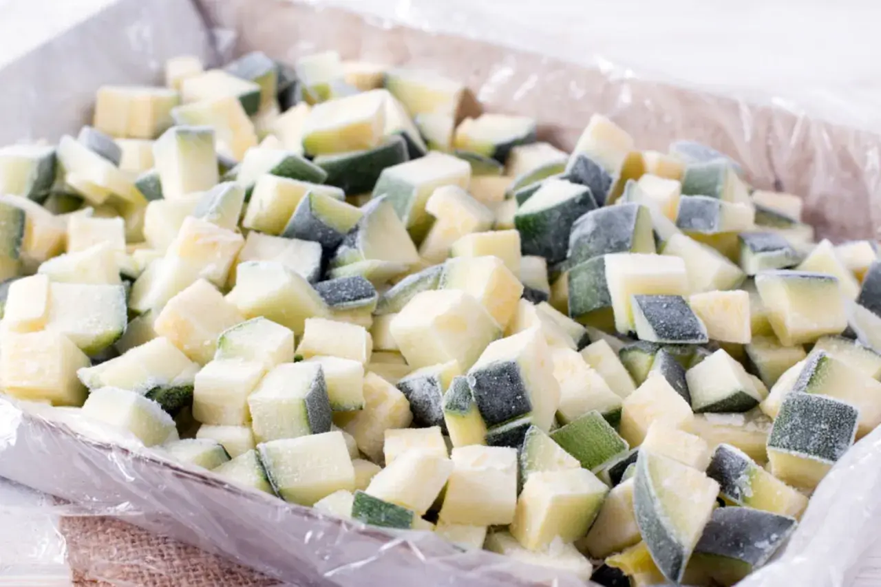 Gefrorene Zucchiniewürfel in einer Schale, bereit für die Lagerung. Perfekt für das zucchini einfrieren und spätere Verwendung in Gerichten.