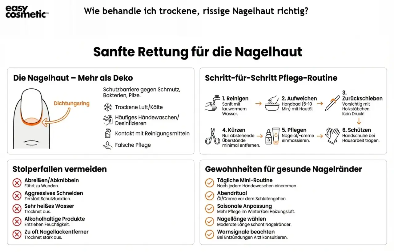 Schritt-für-Schritt-Anleitung zur Pflege trockener Nagelhaut: Reinigen, aufweichen, zurückschieben, kürzen, pflegen und schützen. Vermeide aggressive Methoden.