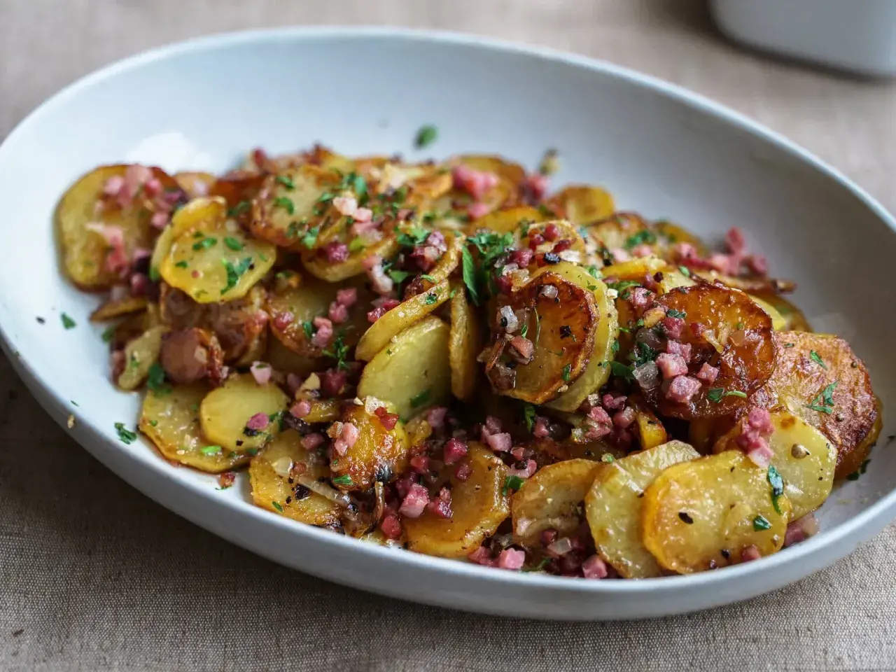 Bratkartoffeln ohne vorkochen, goldbraun gebraten mit Speckwürfeln und Petersilie in einer weißen Schüssel.
