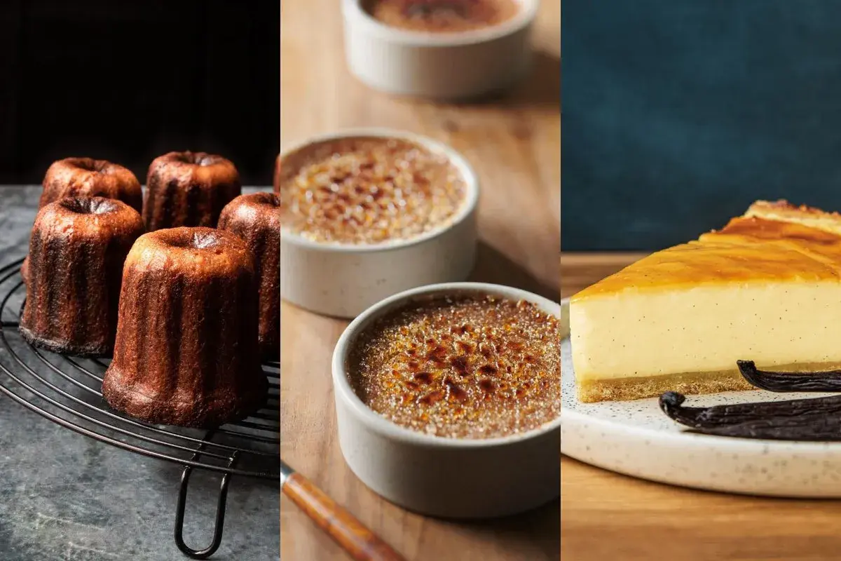Köstliche Canelés, Crème brûlée und ein cremiger Kuchen – perfekt, um **Eigelb zu verwerten** und süße Leckereien zu zaubern.