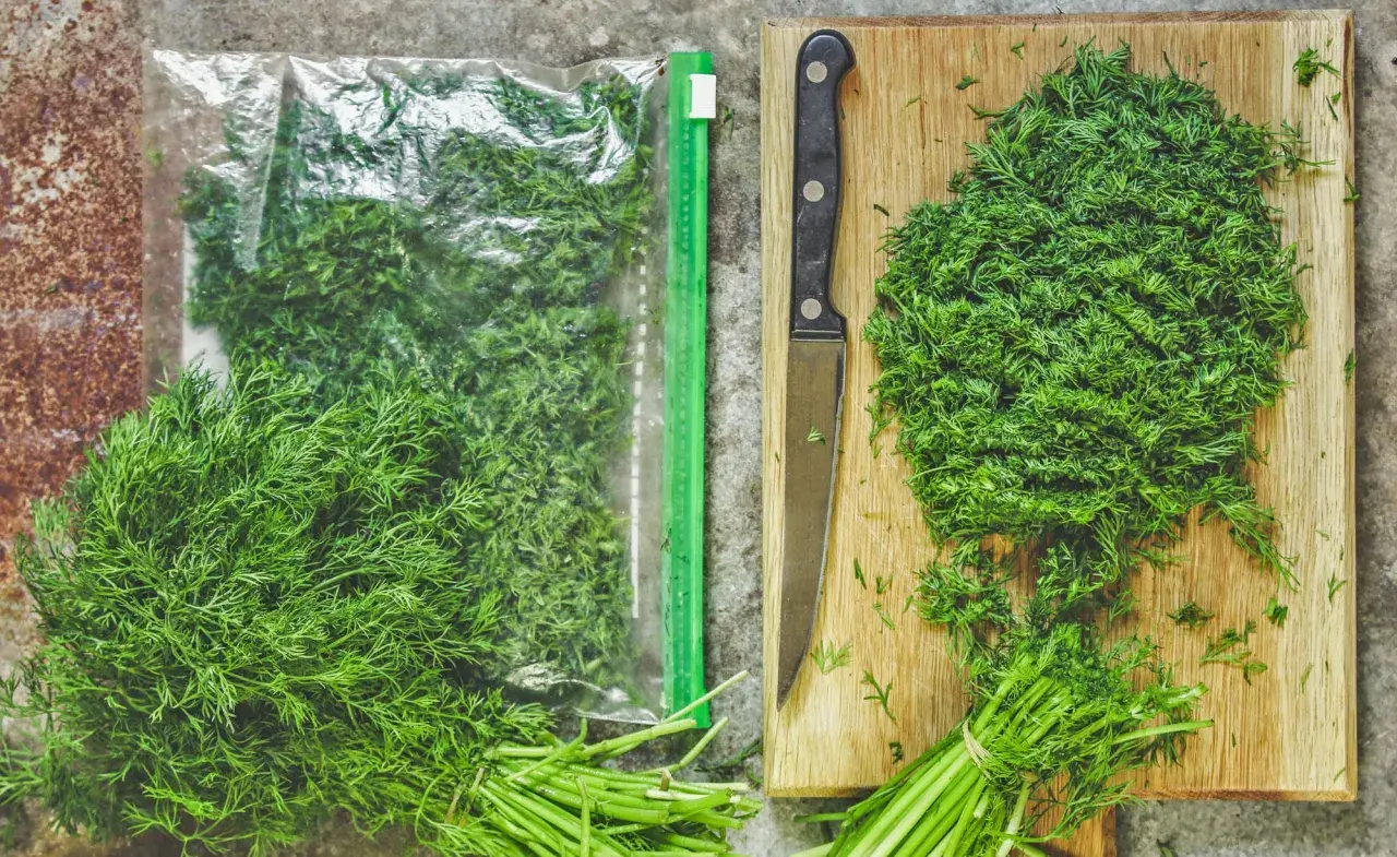 Frischer Dill wird gehackt und in einem Beutel zum **Dill trocknen** aufbewahrt. Ein Messer liegt neben dem Dill auf einem Holzbrett.