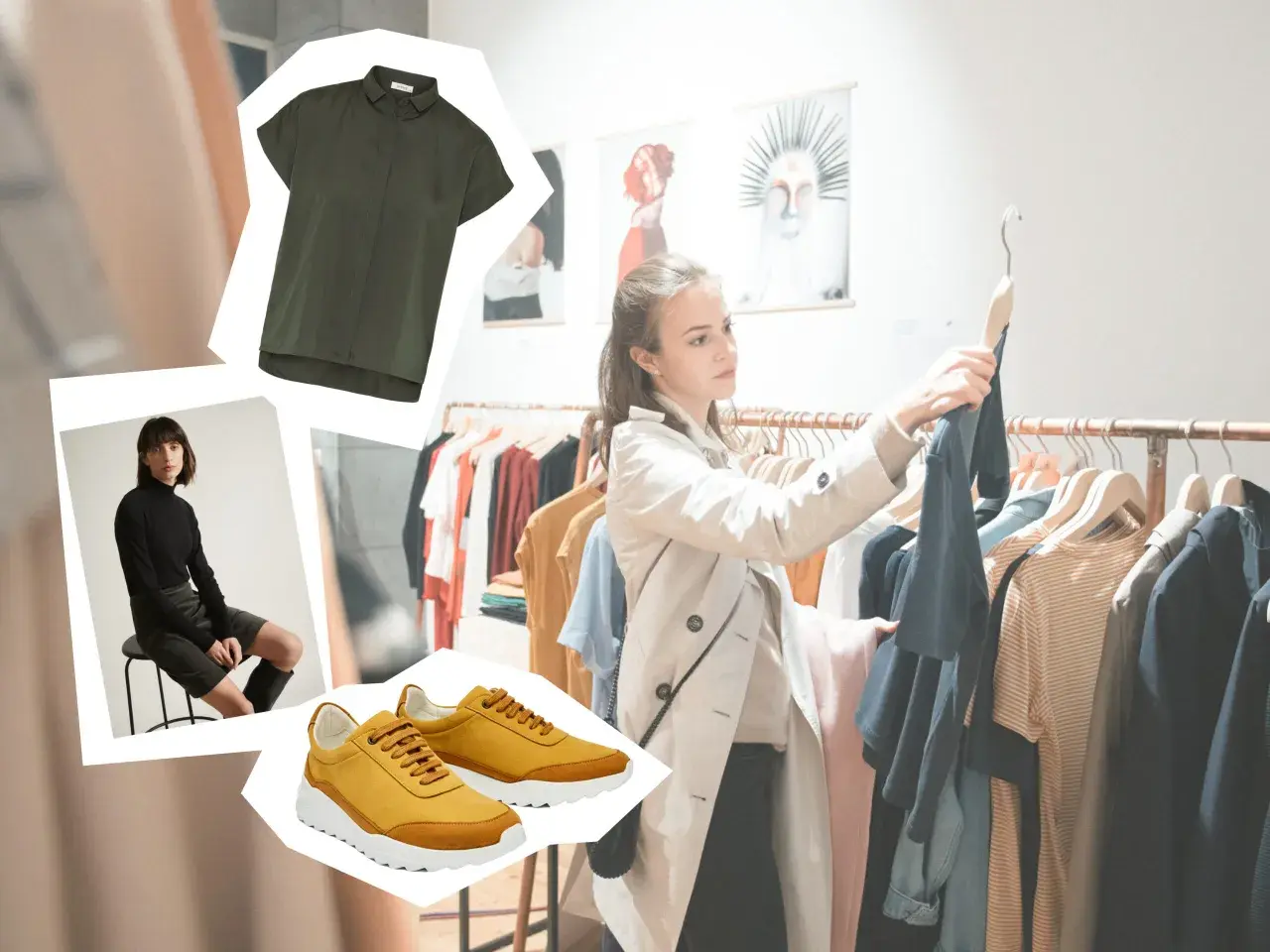 Eine Frau wählt Kleidung aus, die die **nachhaltige Mode Definition** verkörpert: zeitlose Designs, hochwertige Materialien und bewusster Konsum.
