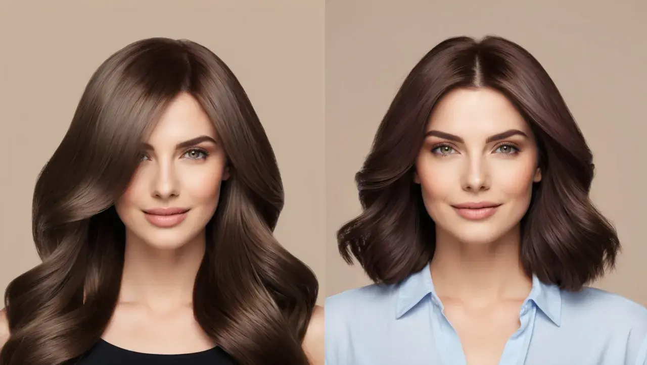 Zwei Frauen mit glänzendem Haar. Die linke hat lange, braune Locken, die rechte kürzere, dunklere Haare. Beide sehen gesund aus, dank veganer Haarfarbe.