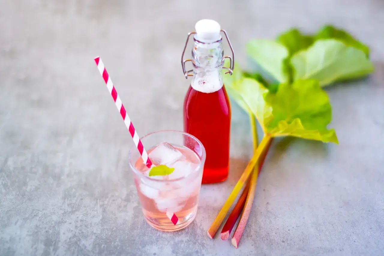Erfrischendes Glas mit Eis, Minze und rotem Rhabarbersirup. Daneben eine Flasche des Sirups und frische Rhabarberstangen. Perfekt, um Rhabarbersirup selber machen.