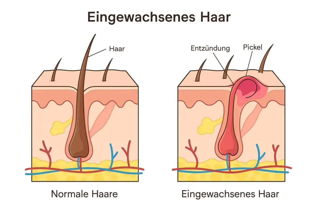 Vergleich von normalen Haaren und eingewachsenem Haar mit Entzündung und Pickel. So kann man eingewachsenes Haar entfernen.