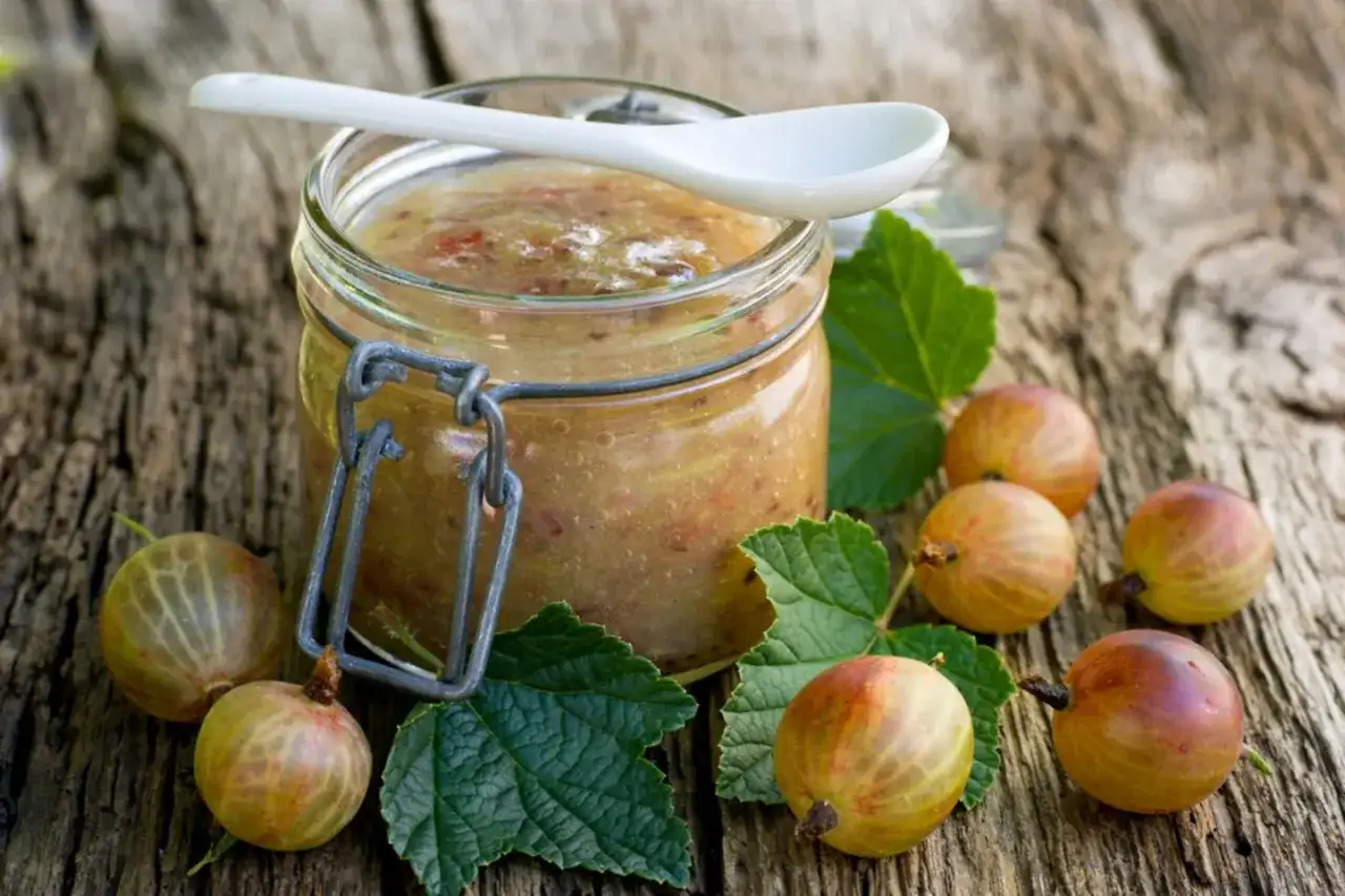 Glas mit selbstgemachter Stachelbeer Marmelade, umgeben von frischen Stachelbeeren und Blättern auf rustikalem Holz.