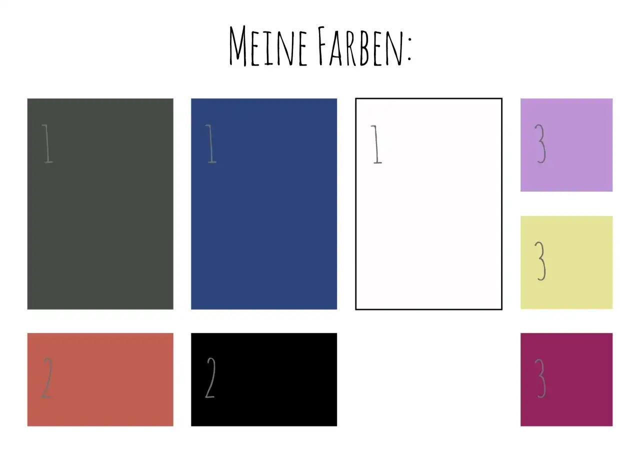 Farbpalette für eine capsule wardrobe: Dunkelgrau, Blau, Koralle, Schwarz, Lila, Gelb und Bordeauxrot.