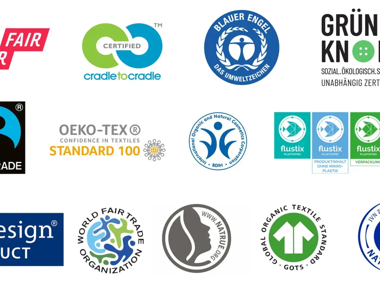 Siegel f&uuml;r nachhaltige Kleidung: Fairtrade, Cradle to Cradle, Blauer Engel, Gr&uuml;ner Knopf, OEKO-TEX, GOTS. Sie zeigen, was bedeutet nachhaltige Kleidung.