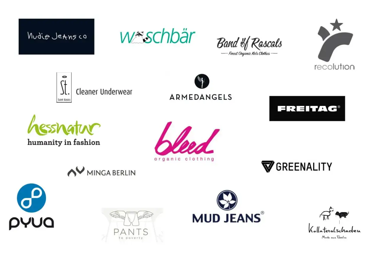 Logos von slow fashion marken wie Nudie Jeans, Armedangels, Hessnatur, Mud Jeans und Freitag.