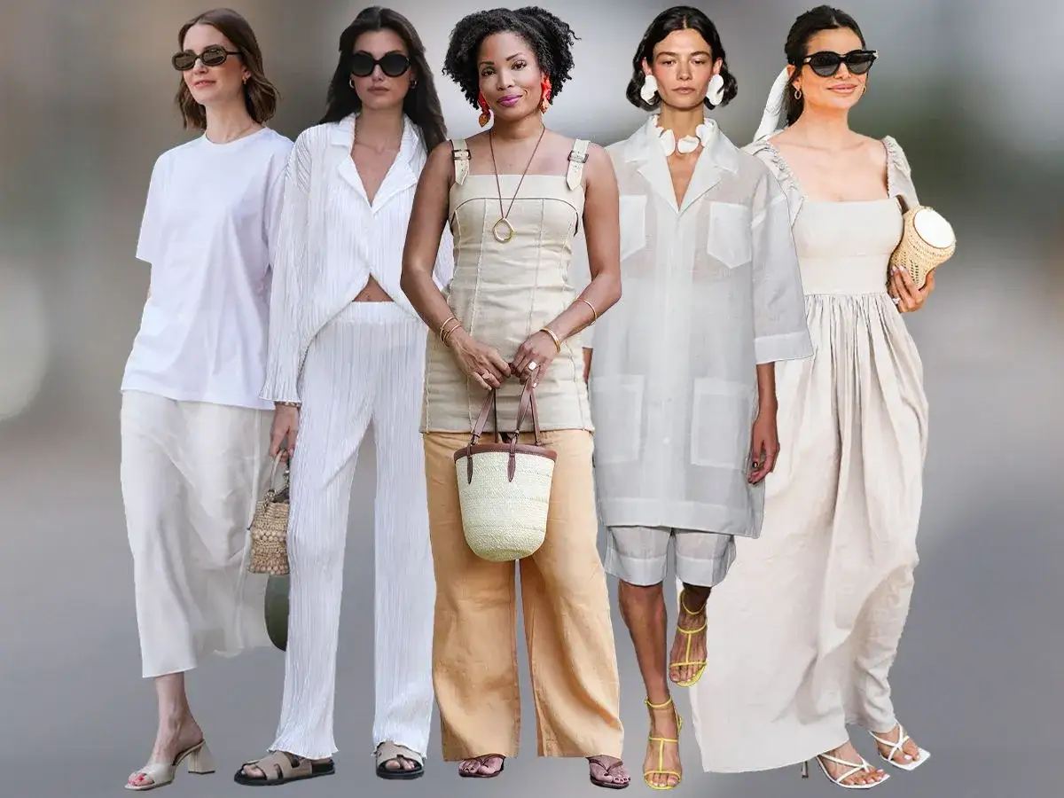 F&uuml;nf Frauen pr&auml;sentieren l&auml;ssige Outfits f&uuml;r eine capsule wardrobe sommer. Helle Farben und leichte Stoffe dominieren.