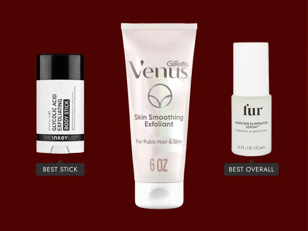 Produkte zur Bekämpfung von eingewachsenem Haar: ein Glykolsäure-Peeling-Stick, ein Gillette Venus Peeling und ein Fur Ingrown Eliminator Serum.