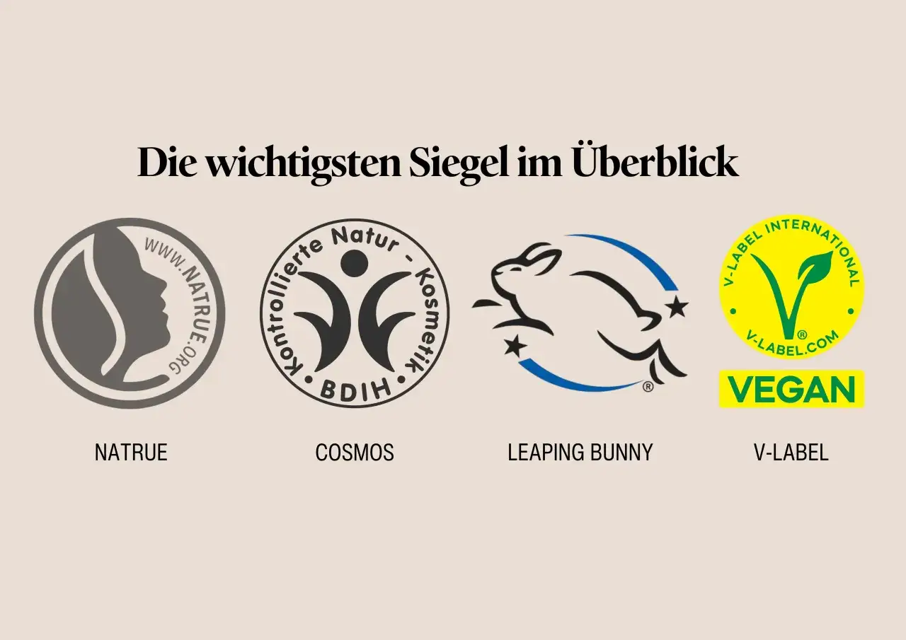 Siegel f&uuml;r tierversuchsfreie Kosmetik: NATRUE, COSMOS, Leaping Bunny, V-Label. Nivea tierversuche sind hier nicht zu finden.