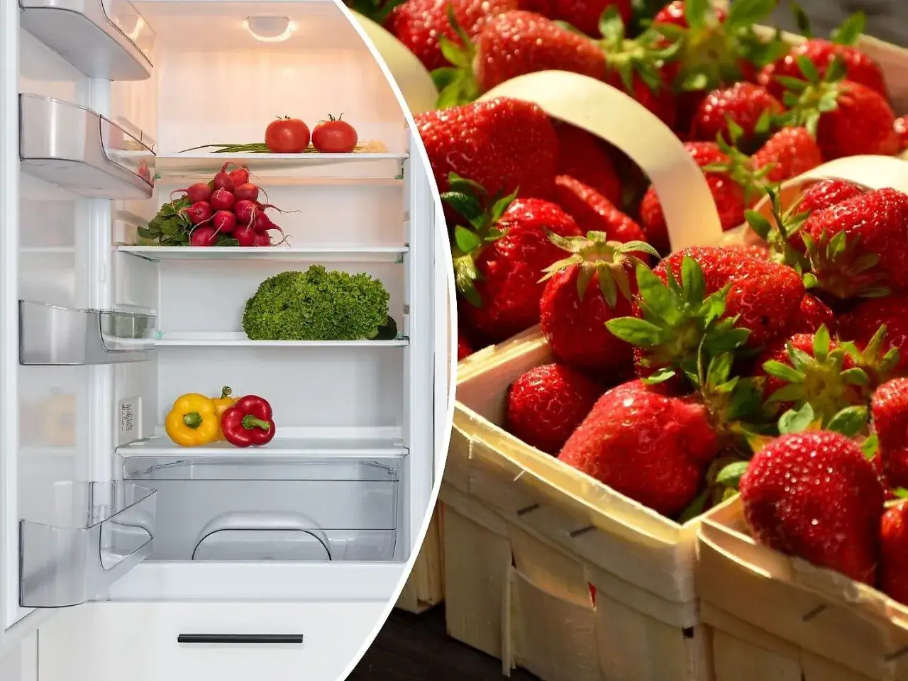 Frische Erdbeeren in Körben und ein Kühlschrank mit Gemüse – so bleiben Erdbeeren frisch.