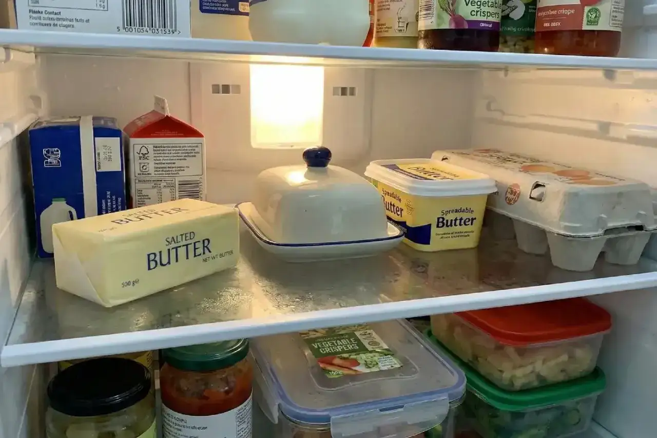 Im K&uuml;hlschrank liegen Butter, Eier und verschiedene Gl&auml;ser. Die Frage, wie lange ist Butter haltbar, wird hier durch die Lagerung im K&uuml;hlschrank beantwortet.