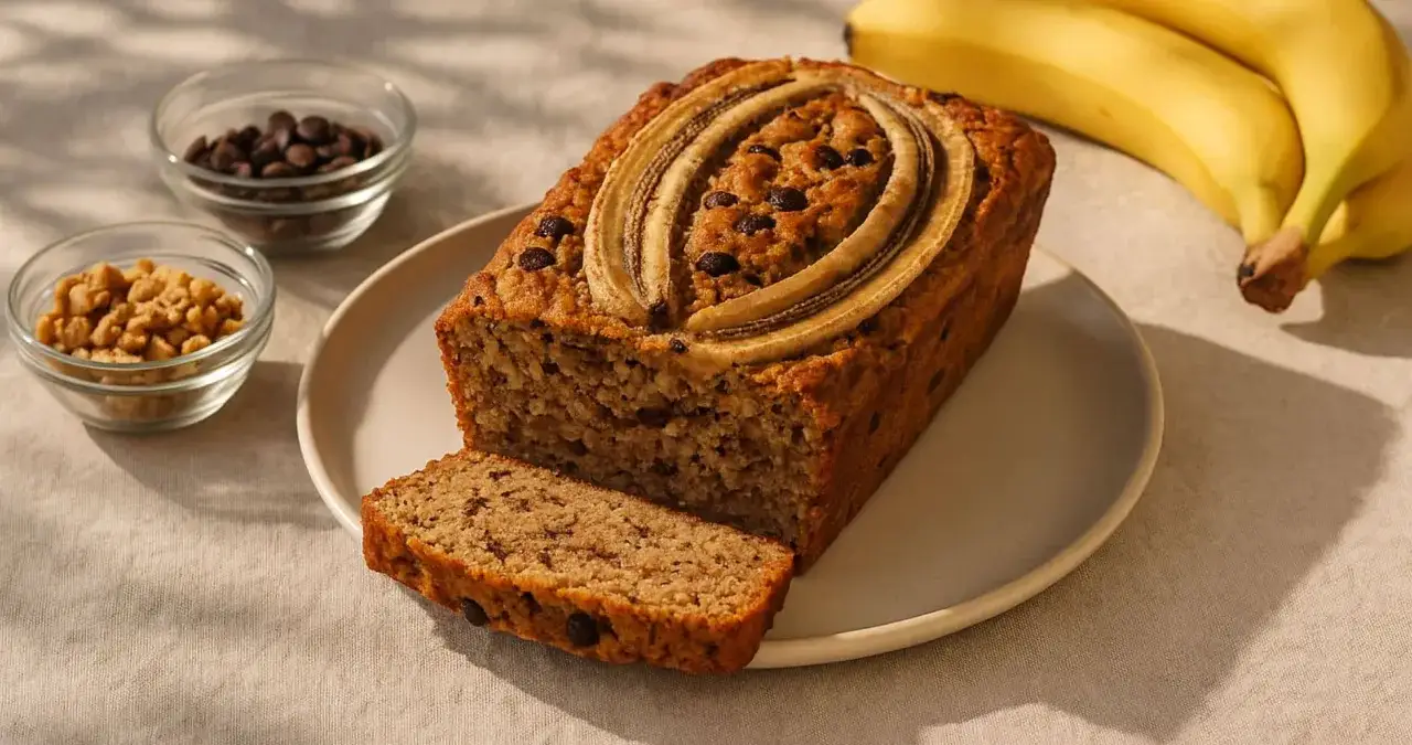 Saftiger, veganer Bananenkuchen mit Schokostückchen und Bananenscheiben obendrauf. Daneben Schüsseln mit Schokodrops und Nüssen.