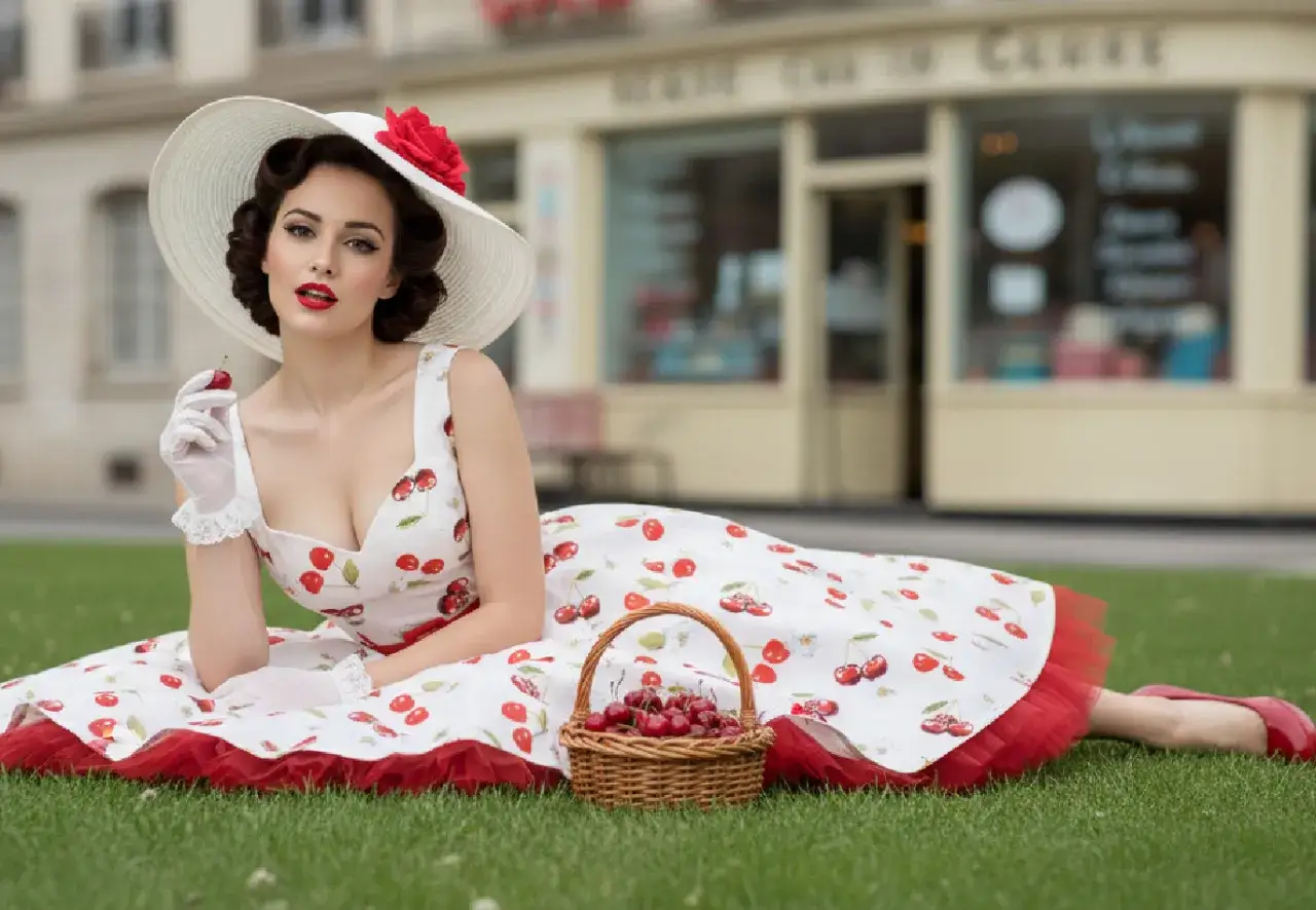 Eine Frau im Vintage-Kleid mit Kirschen, ein Korb voller Kirschen. Das Outfit verk&ouml;rpert, was bedeutet Vintage Kleidung: zeitlose Eleganz und verspielter Charme.