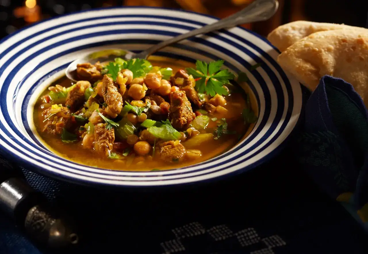 Herzhafte Harira Suppe mit Kichererbsen, Fleisch und frischer Petersilie in einer blau-wei&szlig; gestreiften Sch&uuml;ssel, daneben Fladenbrot.