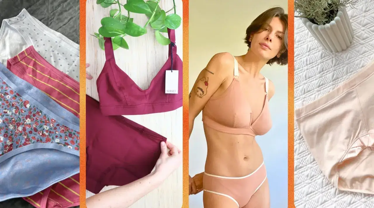 Vier Collagen zeigen verschiedene Designs von fair fashion unterw&auml;sche: bunte Slips, ein bordeauxrotes Set und ein rosafarbenes Set an einem Model.