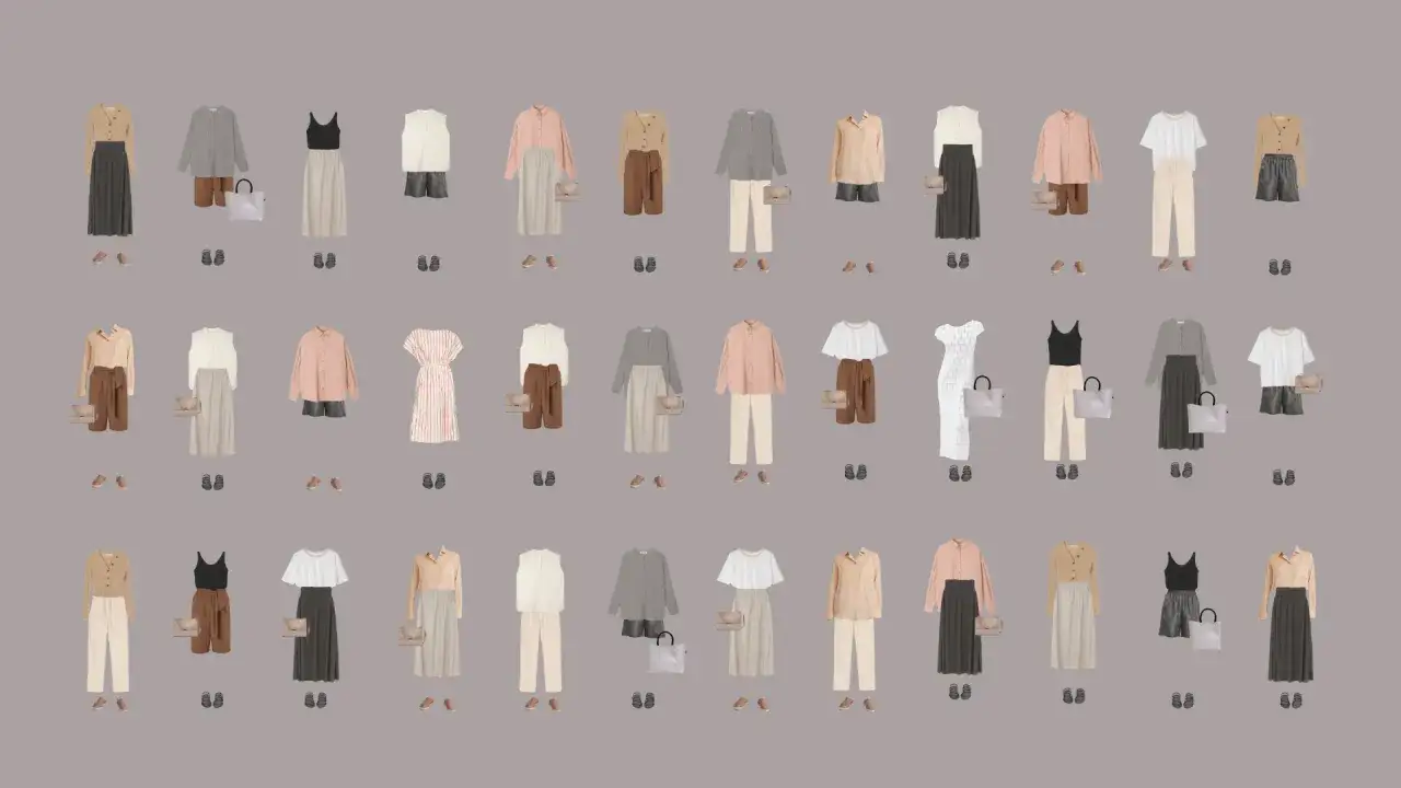 Vielf&auml;ltige Outfits im femininen Kleidungsstil: R&ouml;cke, Hosen, Blusen und Kleider in sanften Farben, kombiniert mit Accessoires.
