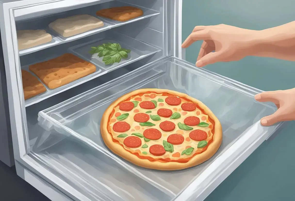 Hände legen eine fertige Pizza mit Salami und Basilikum in eine Kühlschublade. So lässt sich der Pizzateig perfekt aufbewahren.