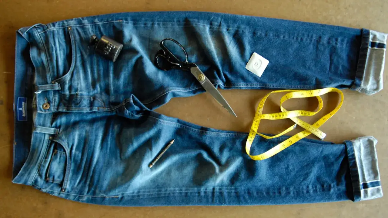 Maßband, Schere und Bleistift liegen neben einer Jeans, bereit für Änderungen. Ein Zeichen für die Qualität deutscher Jeansmarken.