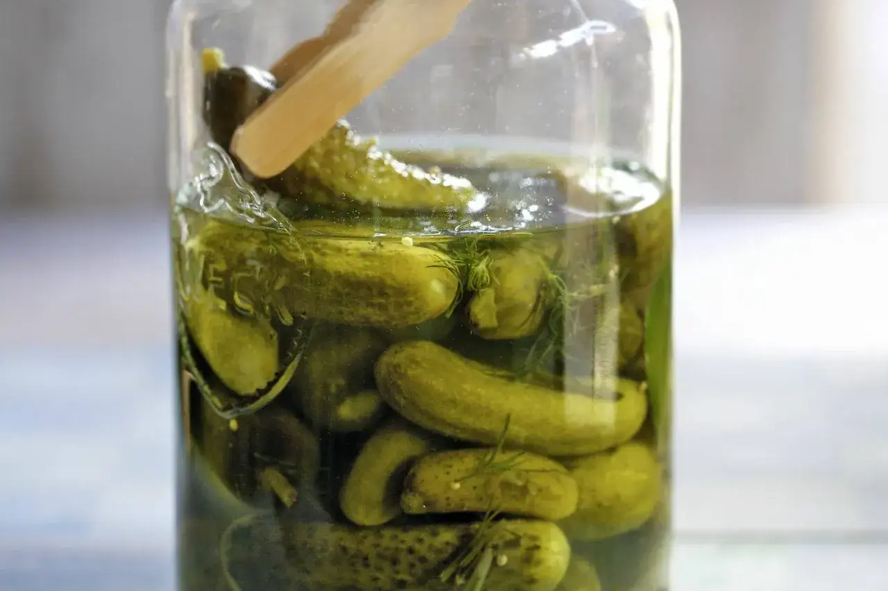 Ein Glas voller eingelegter Gurken, mit Dill und einem h&ouml;lzernen Werkzeug, bereit zum Genuss.