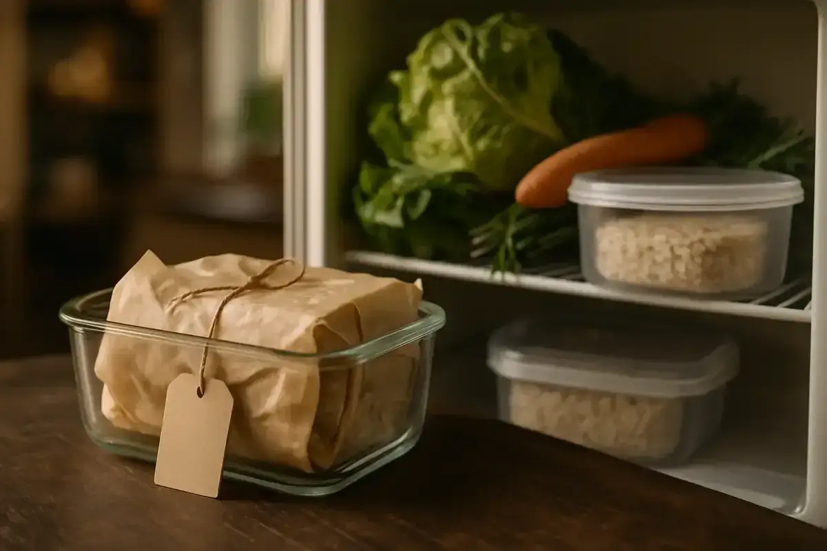 Tempeh einfrieren: Ein Glasbehälter mit in Packpapier eingewickeltem Tempeh steht auf einem Holztisch. Im Kühlschrank liegen Salat, Karotte und zwei Behälter mit Getreide.