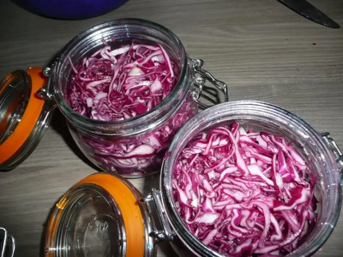 Zwei Gläser mit fein geschnittenem Rotkraut, bereit zum Rotkraut einkochen. Die orangefarbenen Deckel liegen daneben.