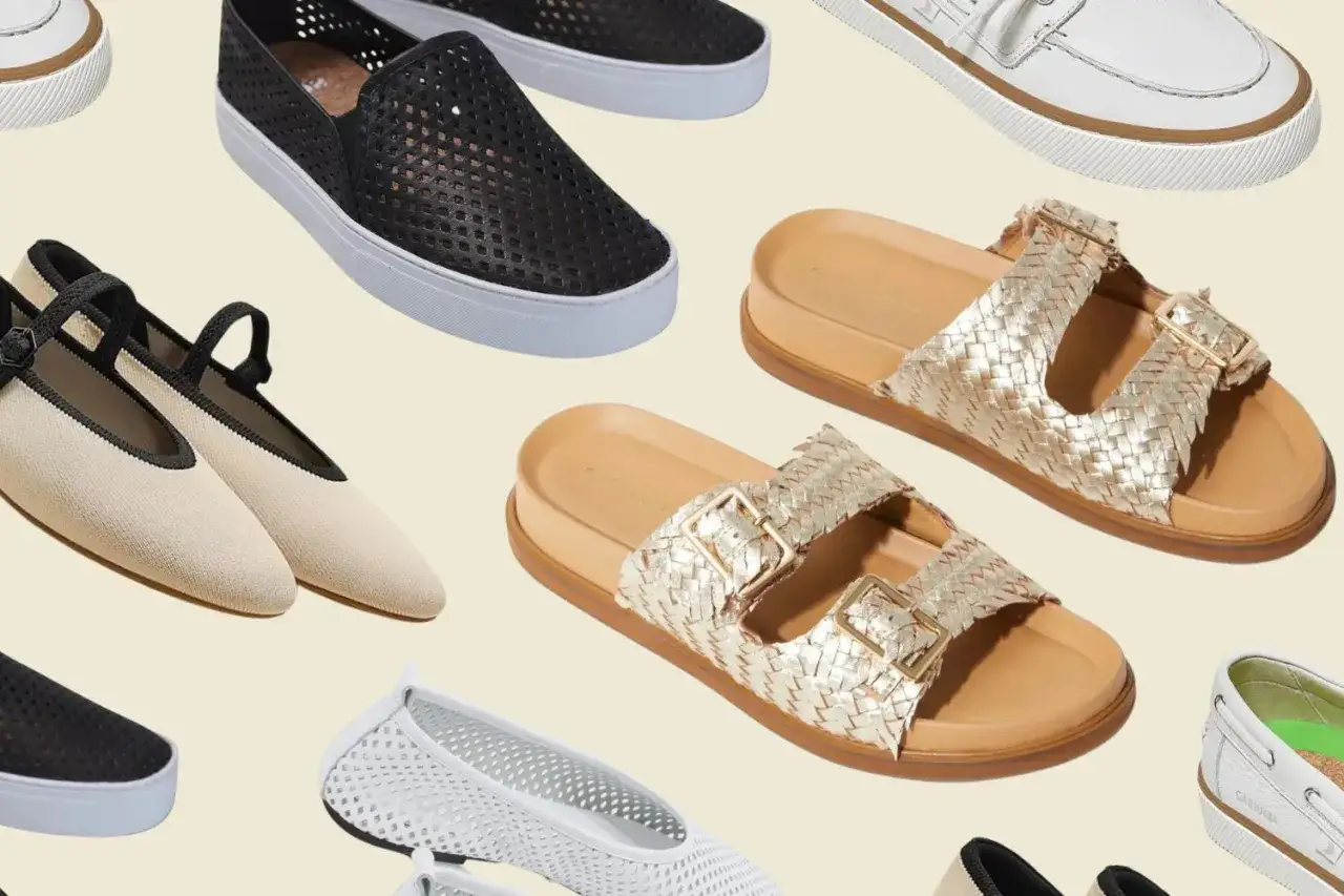 Vielfalt an veganen Sommerschuhen: schwarze Loch-Sneaker, goldene Sandalen, beige Ballerinas und wei&szlig;e Mesh-Schuhe. Perfekt f&uuml;r warme Tage!