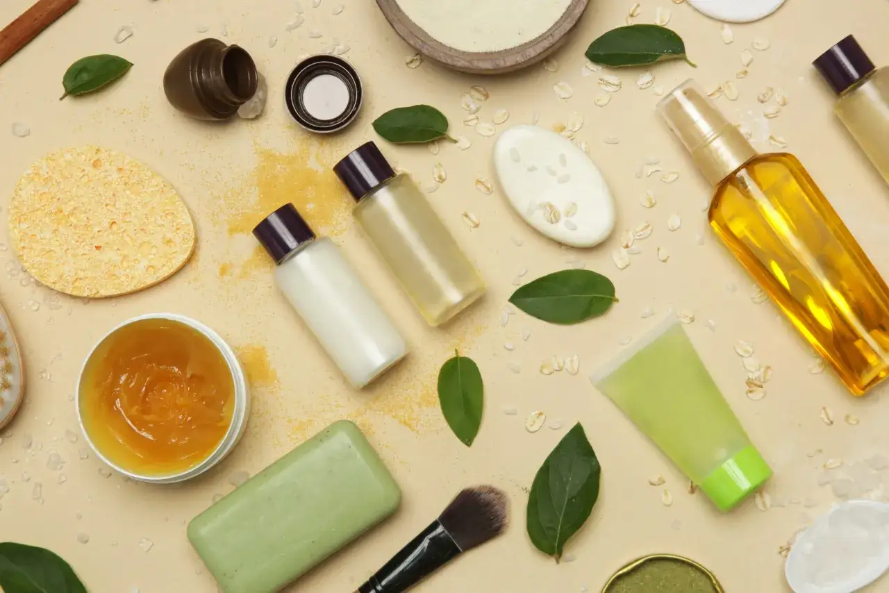 Natürliche Produkte für die Haare pflegen: Öle, Seifen, Cremes und ein Pinsel liegen bereit.