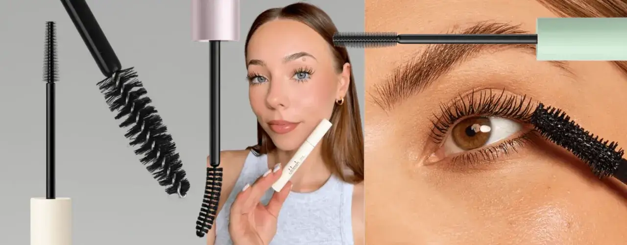Mascara Naturkosmetik: Bürsten und eine Frau mit vollen Wimpern.