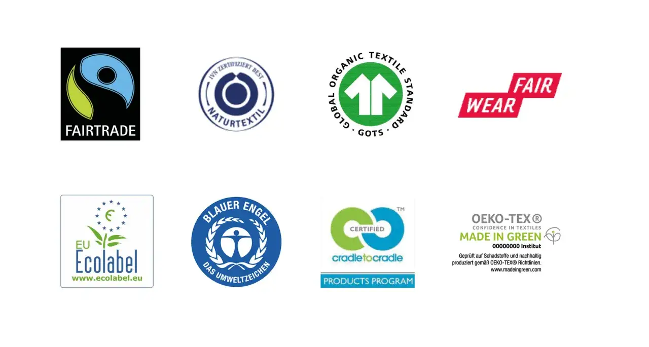 Siegel für nachhaltige Mode: Fairtrade, GOTS, EU Ecolabel, Blauer Engel, Fair Wear, OEKO-TEX® Made in Green.