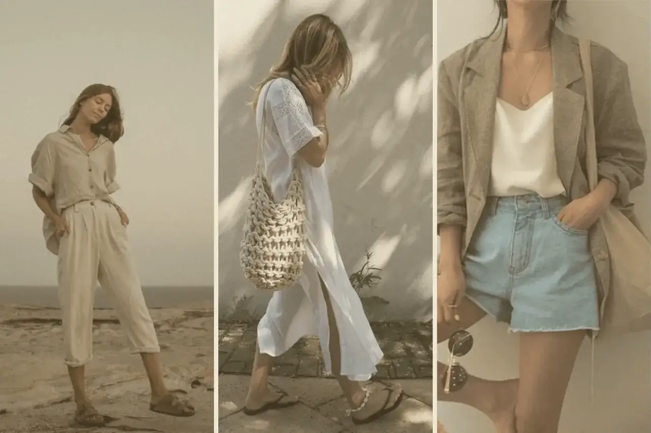 Beige Leinen-Outfit, wei&szlig;es Kleid mit Makramee-Tasche, Jeans-Shorts mit Blazer &ndash; Beispiele f&uuml;r eine Capsule Wardrobe.