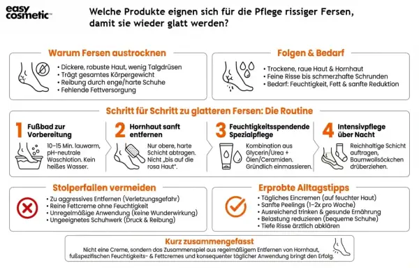 Schritte zur Pflege rissiger Fersen: Fußbad, Hornhautentfernung, Feuchtigkeitspflege und Intensivpflege über Nacht. Vermeide aggressive Methoden und wähle passende Schuhe.