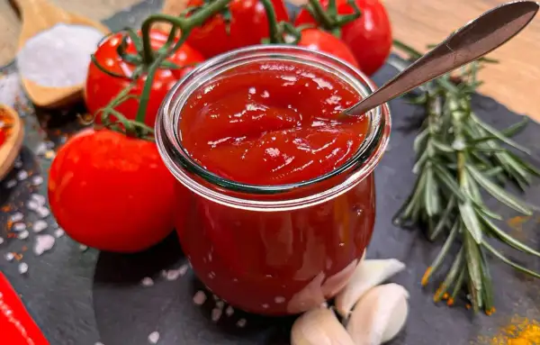 Frisches, selbstgemachtes Ketchup in einem Glas, umgeben von reifen Tomaten, Knoblauch und Rosmarin. Perfekt zum Ketchup selber machen!