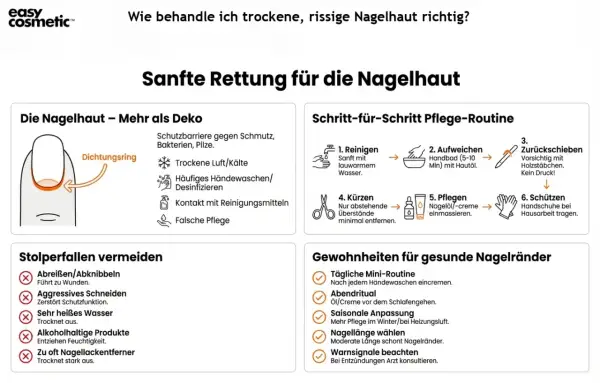 Schritt-für-Schritt-Anleitung zur Pflege trockener Nagelhaut: Reinigen, aufweichen, zurückschieben, kürzen, pflegen und schützen. Vermeide aggressive Methoden.