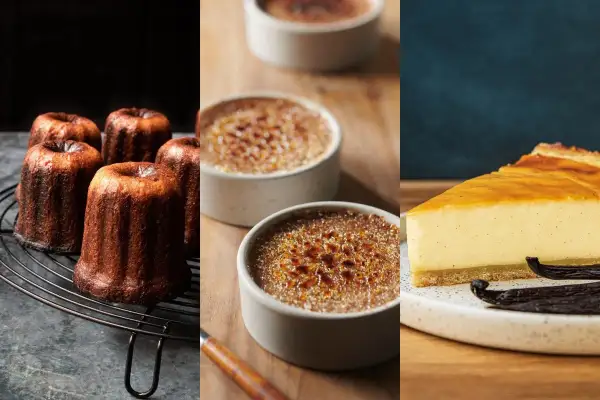 Köstliche Canelés, Crème brûlée und ein cremiger Kuchen – perfekt, um **Eigelb zu verwerten** und süße Leckereien zu zaubern.