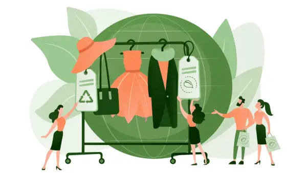 Menschen wählen Kleidung mit Umweltzeichen. Das steht für fair fashion: nachhaltig und ethisch.