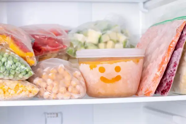 Gefrorene Beeren, Erbsen, Karotten und ein lächelnder Behälter mit Babybrei einfrieren für später.