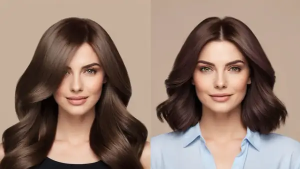 Zwei Frauen mit glänzendem Haar. Die linke hat lange, braune Locken, die rechte kürzere, dunklere Haare. Beide sehen gesund aus, dank veganer Haarfarbe.